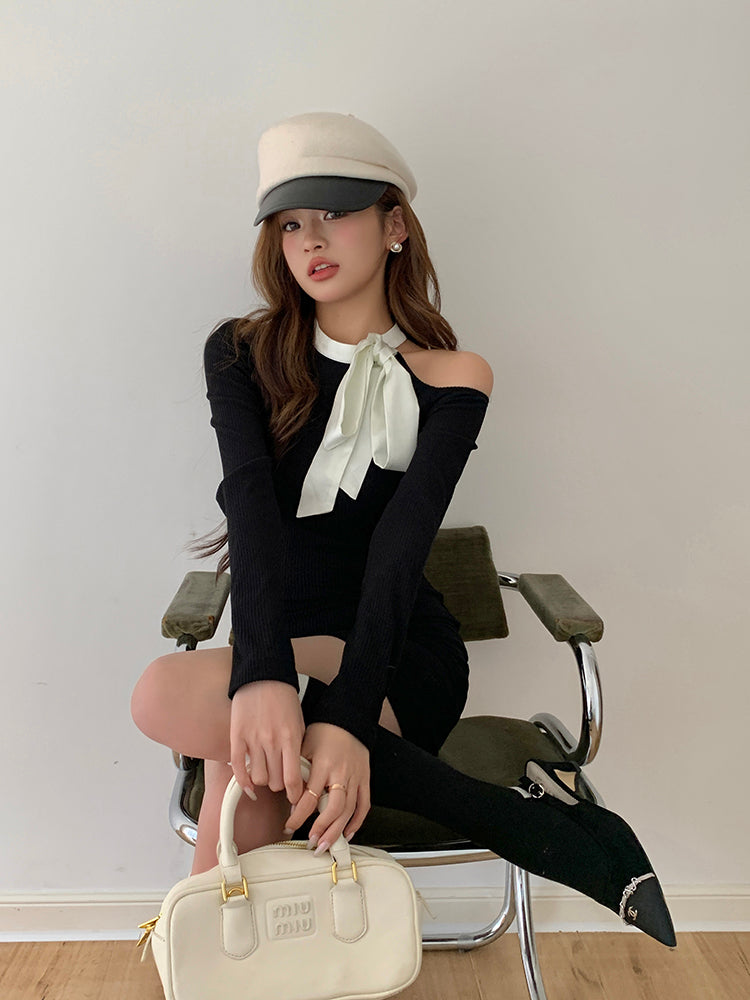 26Jun. 小性感 女伶風露肩拼接綁帶連身裙 黑