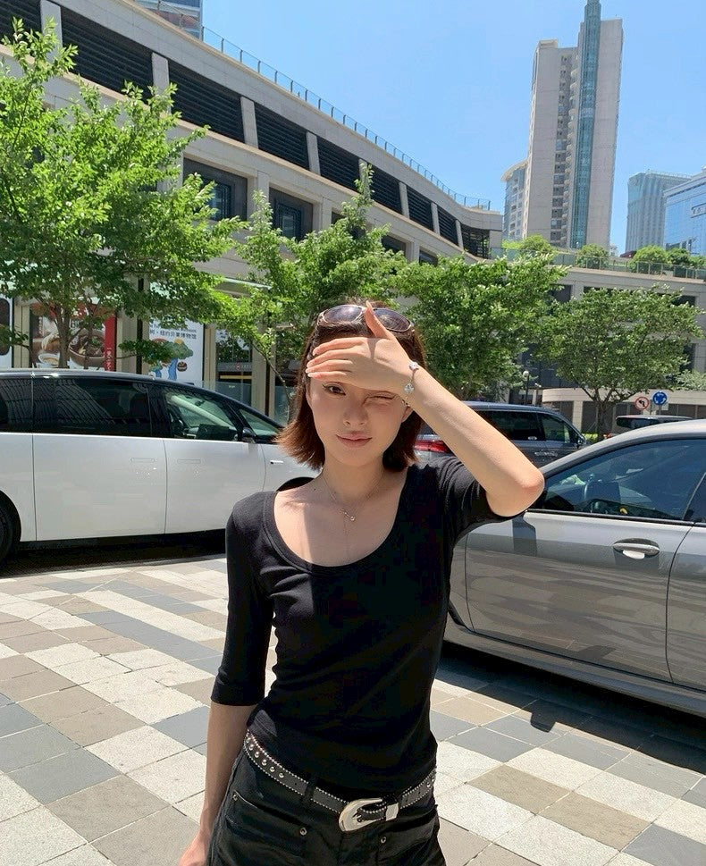 26Jun. 美式正肩U領百搭五分袖上衣 灰/黑