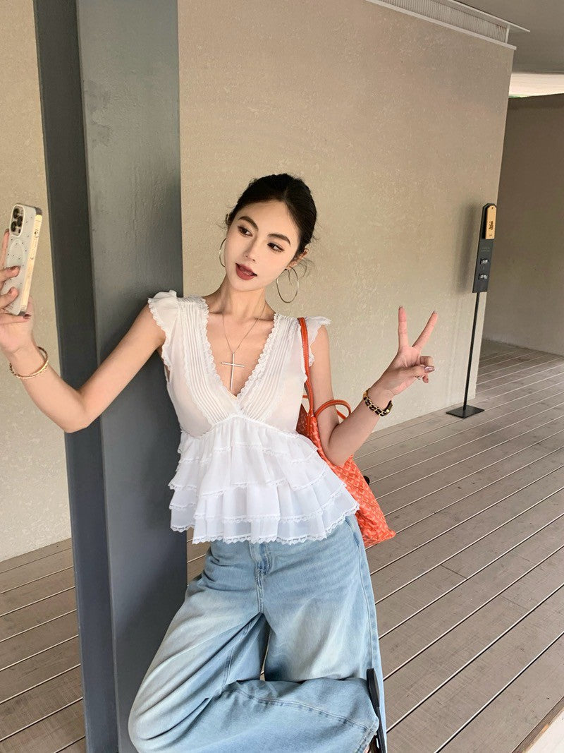 26Jun. 甜品少女低V領雪紡蛋糕上衣 白
