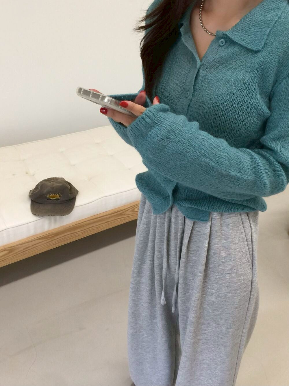 26Jun. 韓女慵懶感特殊機法微透視針織襯衫 湖藍/灰