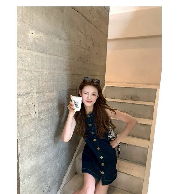26Jun. 南法湖邊 單排扣圓領牛仔連身裙