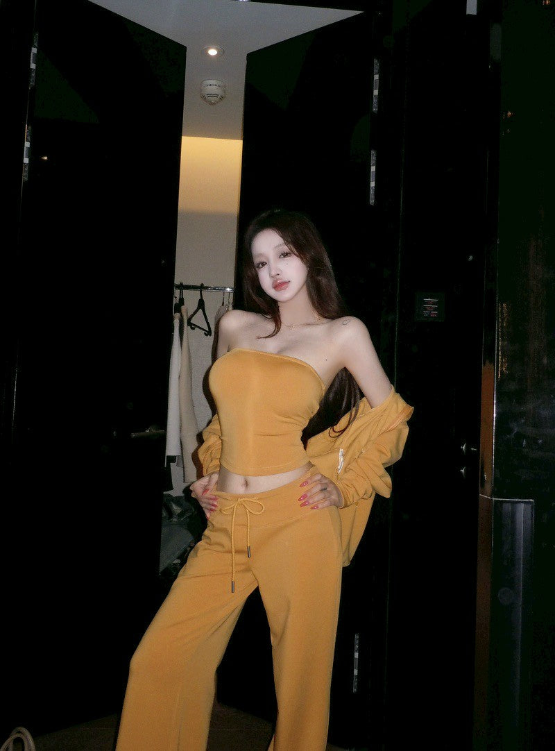 26Jun. 歐美女 休閒時髦抹胸收腰外套套裝 抽繩休閒褲 黃