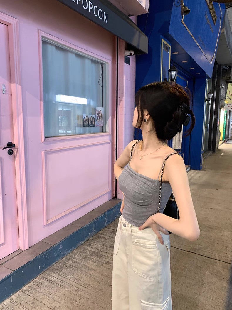 26Jun. 春夏薄款帶胸墊抓皺顯瘦背心 灰/黑