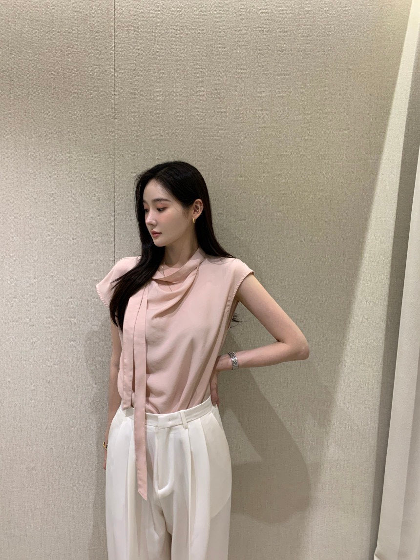 26Jun. 知性優雅飄帶小袖上衣 淺粉/米