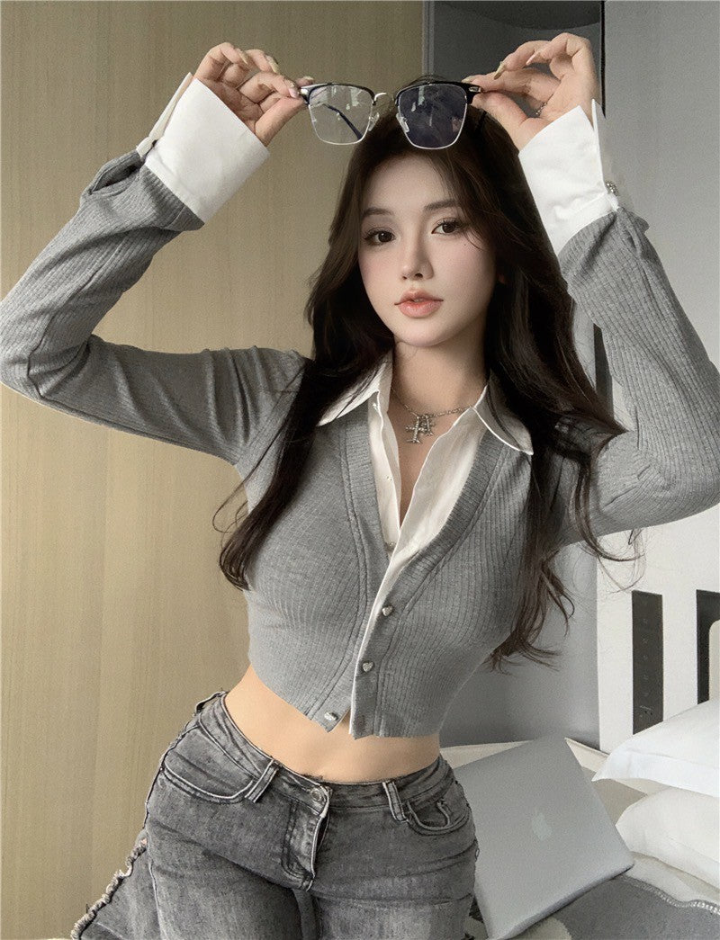 26Jun. 韓女秘書 假兩件撞色襯衫短款上衣 灰