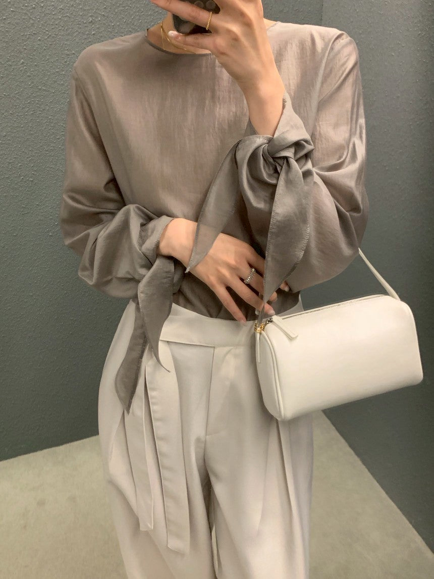 26Jun. 春夏chic韓系簡約蝴蝶結綁袖上衣 灰/黑