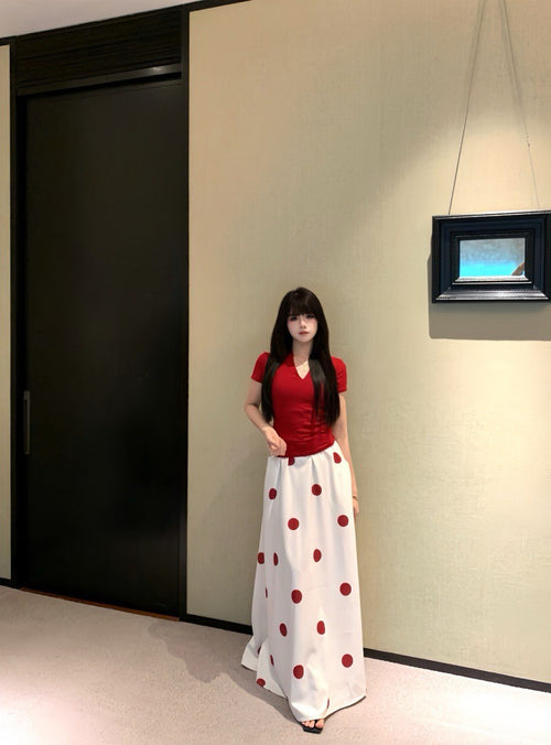 26Jun. Redshow 復古V領收腰上衣 波點半身裙