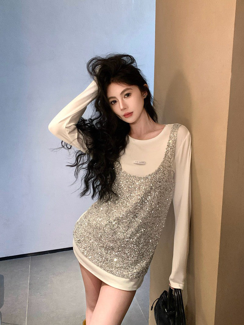 26Jun. 大王blingbling 絨絲亮片拼接圓領上衣 白/灰