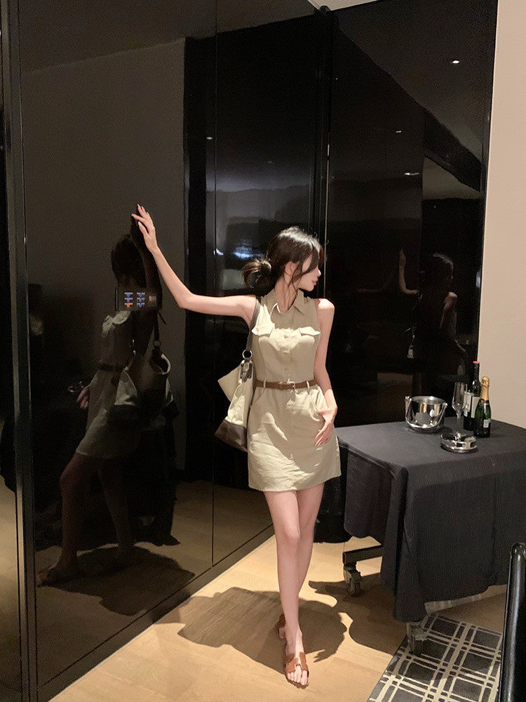 26Jun. 復古回潮 日常通勤polo領排扣連身裙 卡其
