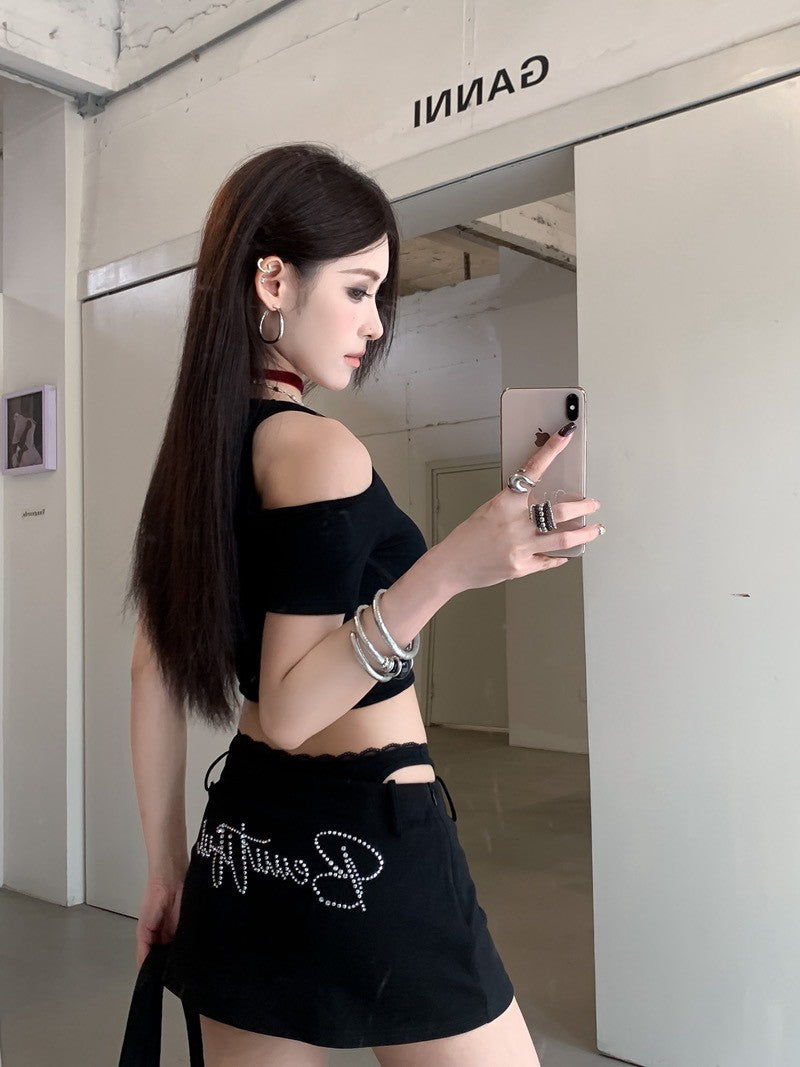 26Jun. 性感假兩件燙鑽中低腰半身裙 3色（加購價不單售）