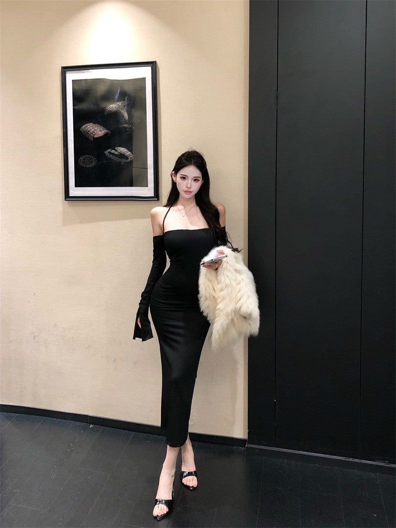 26Jun. 極致美腰性感掛脖交叉綁腰彈力連身裙 黑/藍