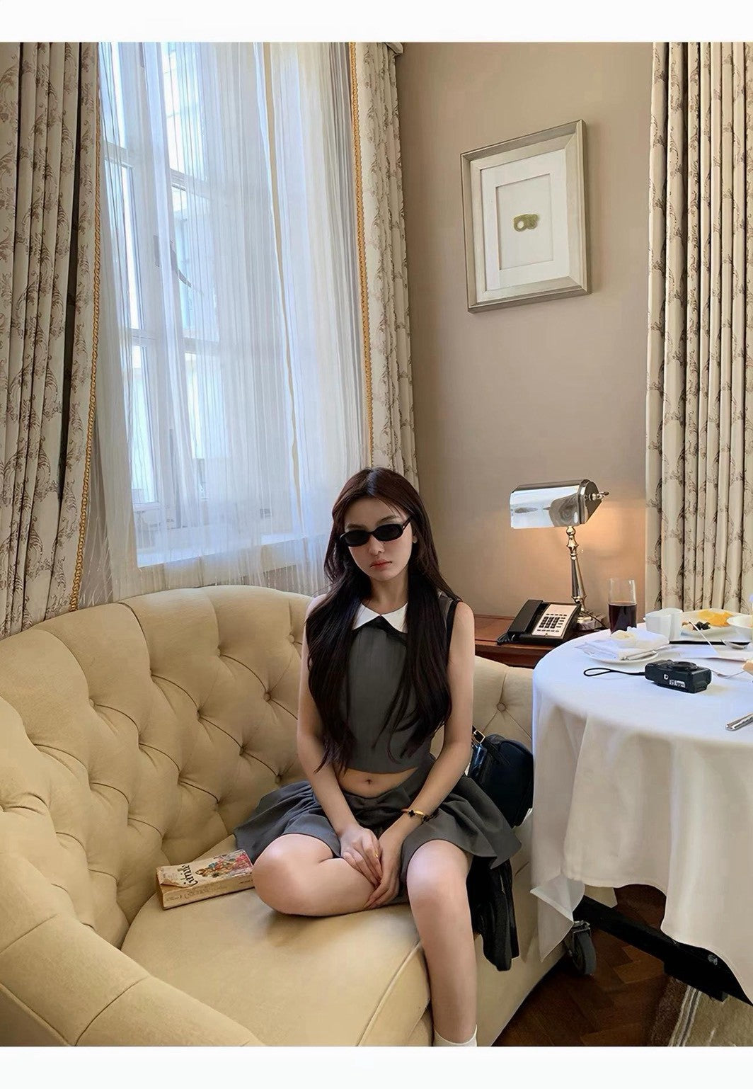 26Sep. 韓女甜美娃娃領蝴蝶結半身裙套裝 灰