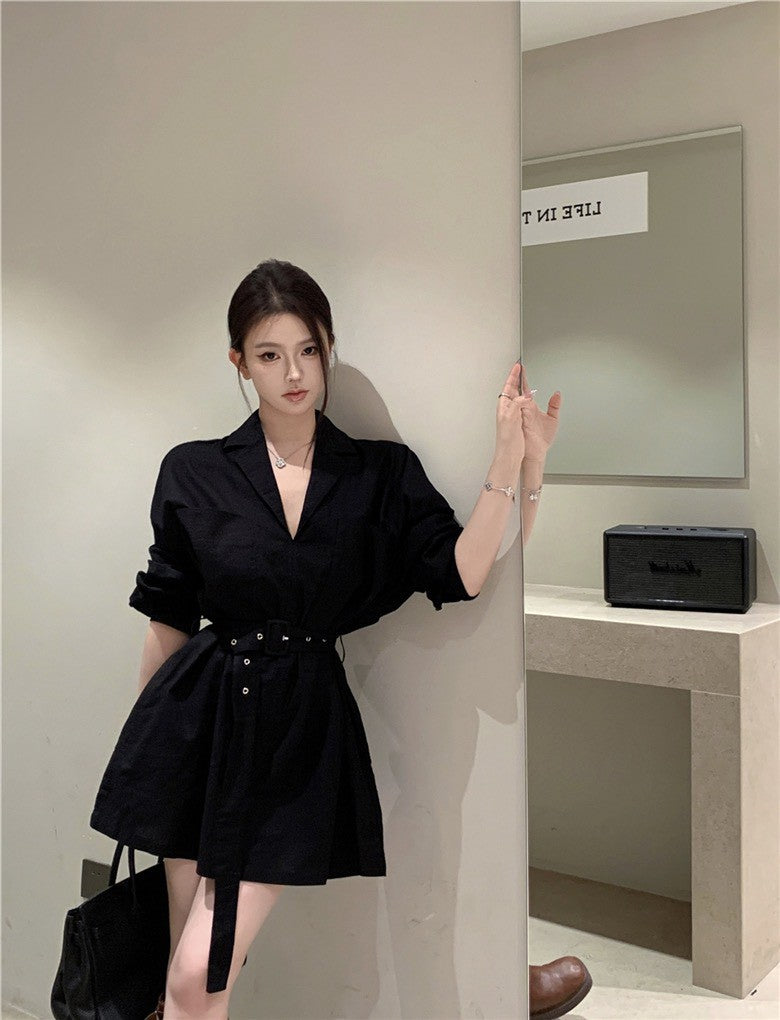 26Jun. 韓女極簡主義西式襯衫收腰裙 黑