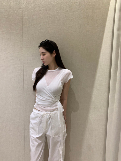 26Jun. 氣質捲邊透棉上衣綁帶背心2件組 白/黑