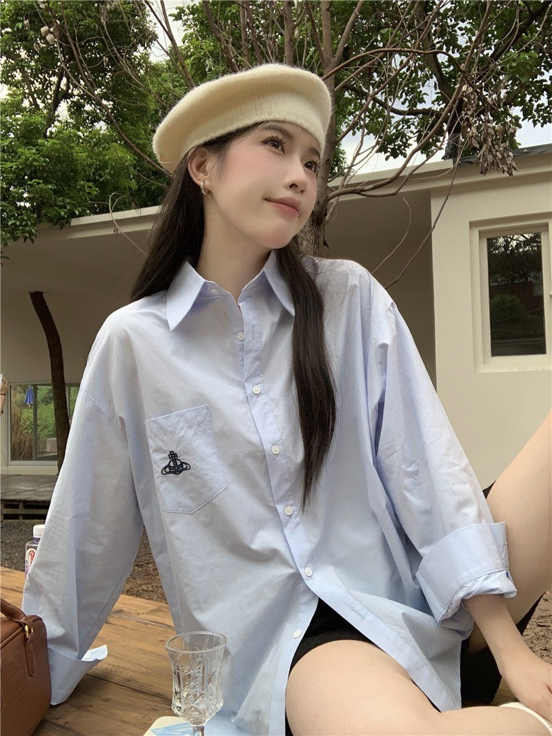 26Jun. 簡約刺繡logo口袋 寬鬆純色襯衫 藍/白