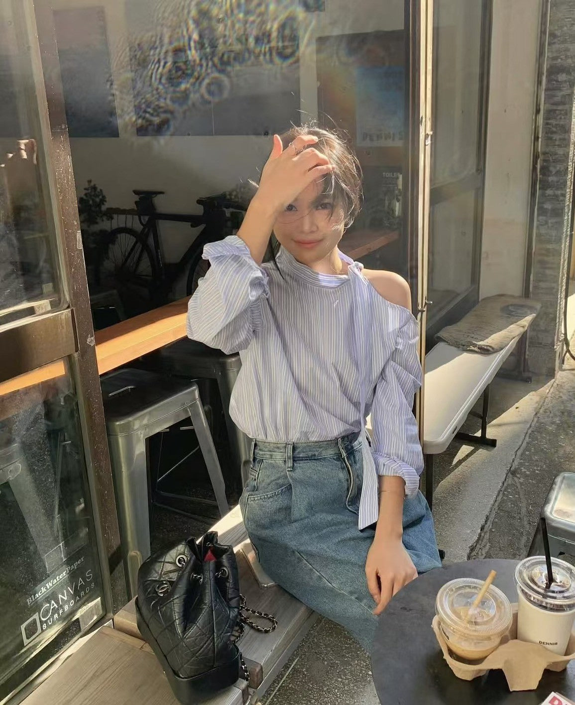 26Jun. 復古韓早春條紋綁帶露肩上衣 藍