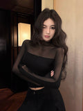 26Jun. 歐美性感透視感拼接刷毛上衣 黑