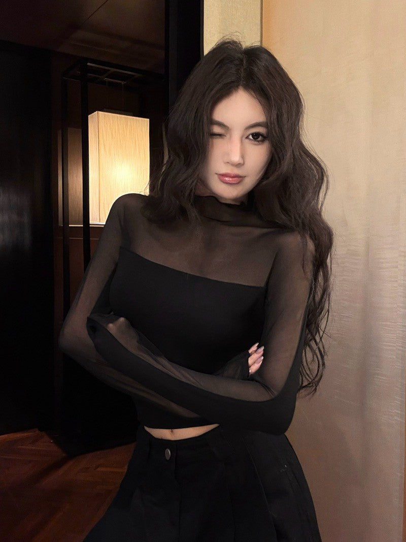 26Jun. 歐美性感透視感拼接刷毛上衣 黑