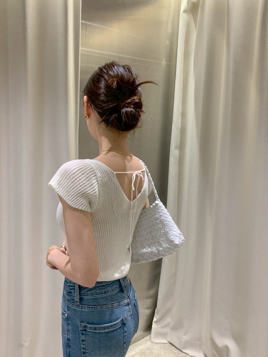 26Jun. 瘦瘦針紙衫 V領美背小綁帶設計上衣 白/淺藍