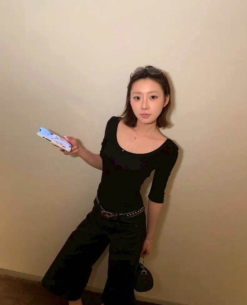 26Jun. 美式正肩U領百搭五分袖上衣 灰/黑