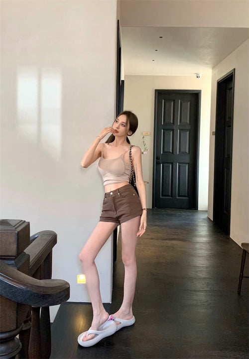 26Jun. 休閒百搭高腰修身短褲 咖