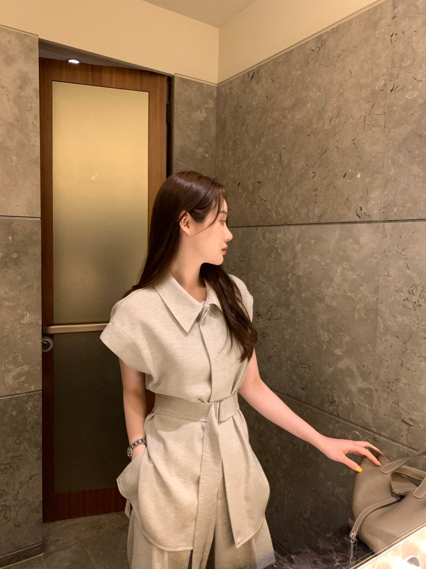 26Jun. 韓系女主氣質翻領長款襯衫闊腿褲套裝 卡其