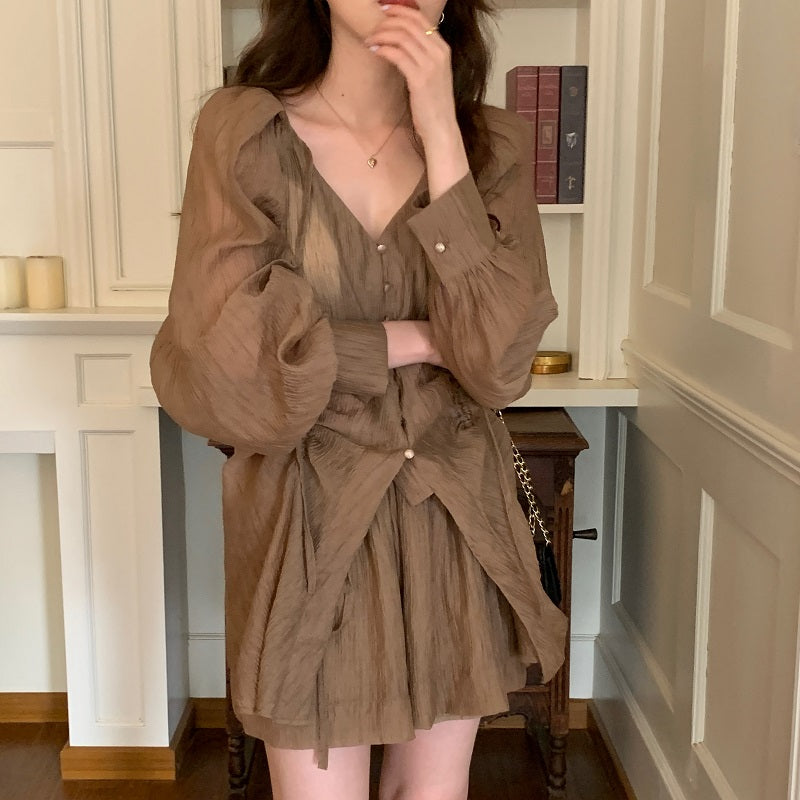 26Jun. 雲朵澎澎v領襯衫套裝 駝色