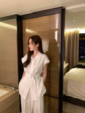 26Jun. 韓系女主氣質翻領長款襯衫闊腿褲套裝 黑/白