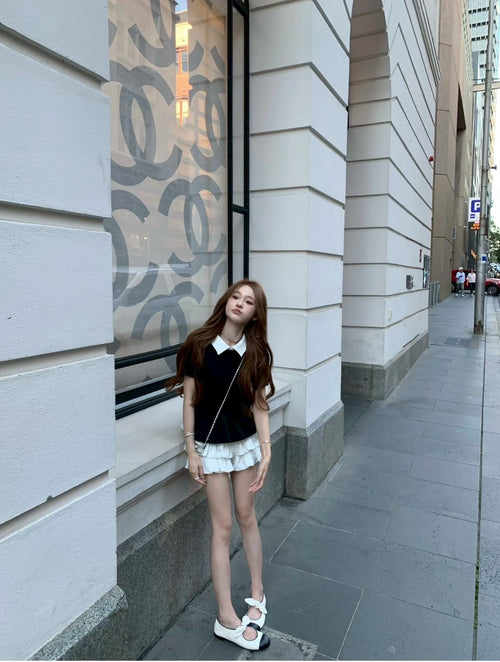 26Jun. 乖乖女日常 奶香翻領撞色襯衫 蛋糕小短裙