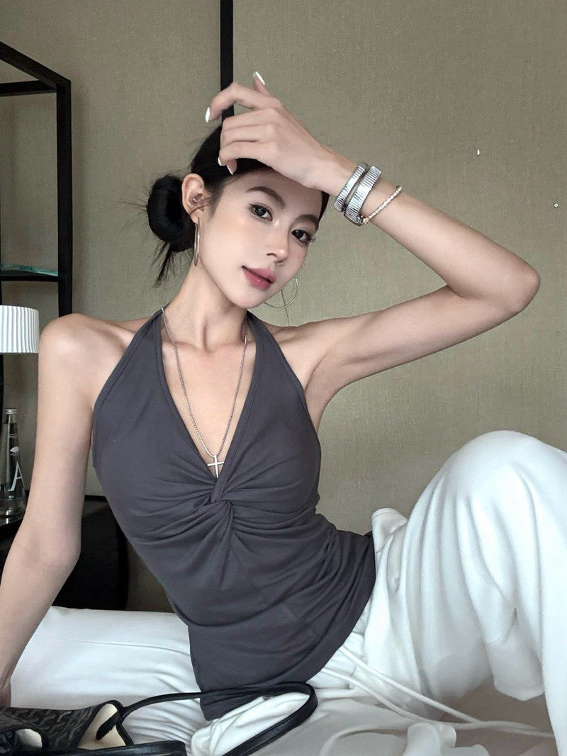 26Jun. 簡約百搭推薦款 扭結掛脖式背心 灰/棕綠