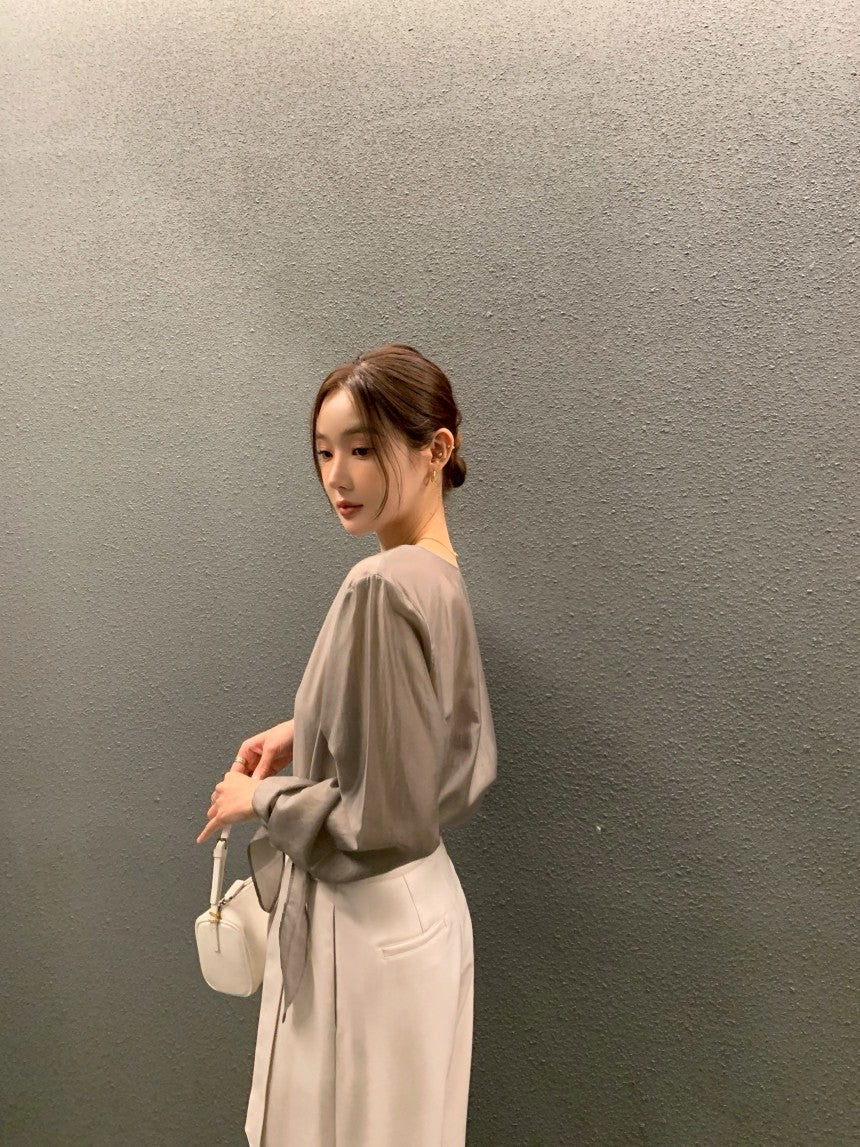 26Jun. 春夏chic韓系簡約蝴蝶結綁袖上衣 灰/黑