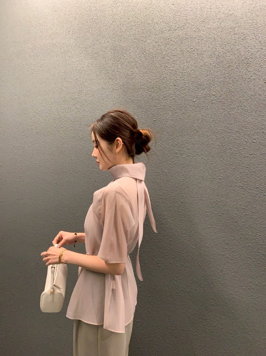 26Jun. 高級名門貴氣高領繫帶襯衫 裸粉/黑