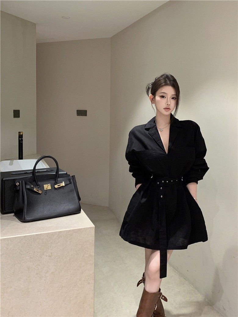 26Jun. 韓女極簡主義西式襯衫收腰裙 黑
