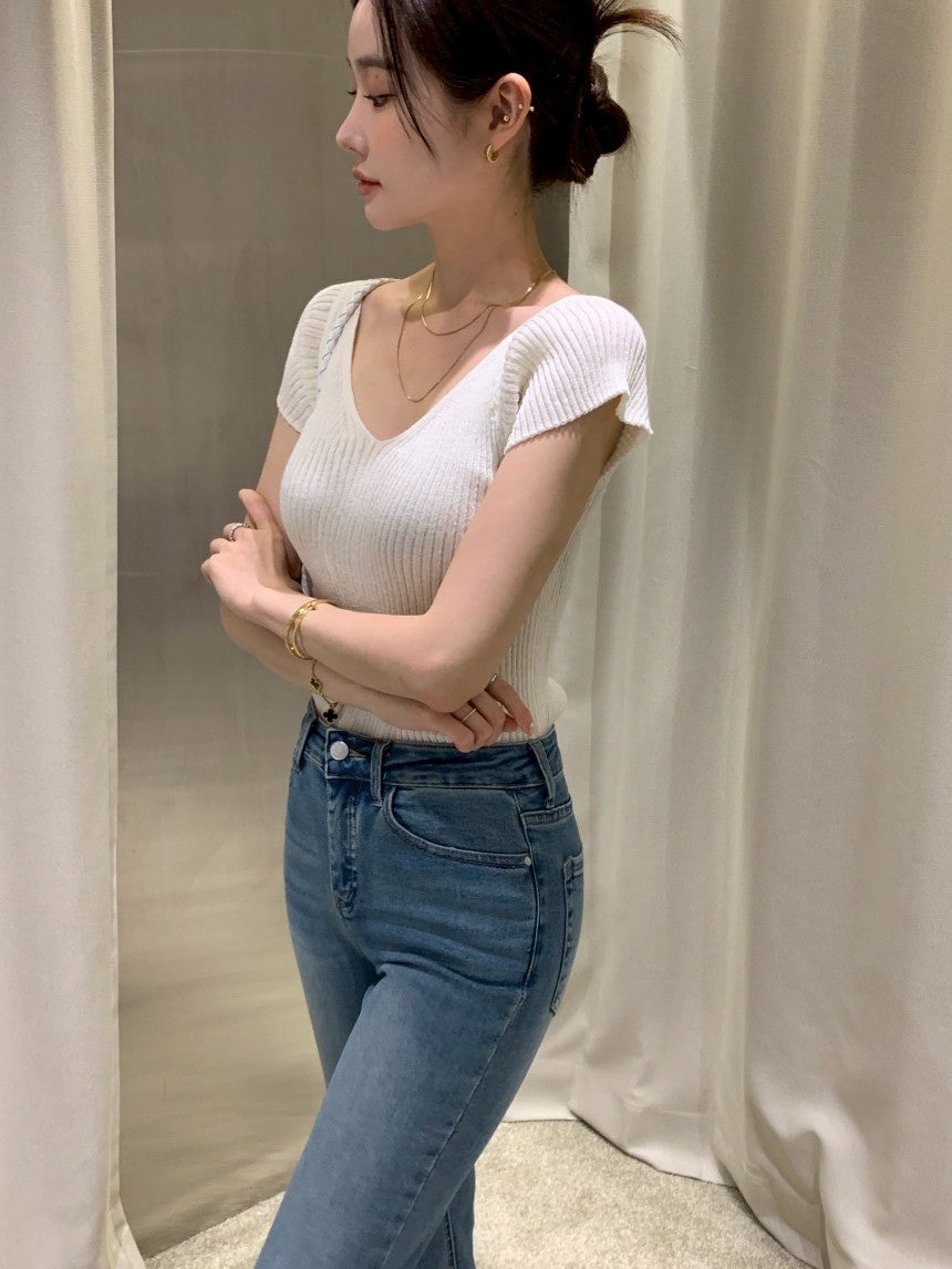 26Jun. 瘦瘦針紙衫 V領美背小綁帶設計上衣 白/淺藍