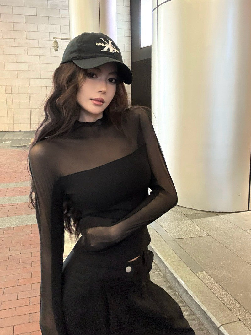 26Jun. 歐美性感透視感拼接刷毛上衣 黑
