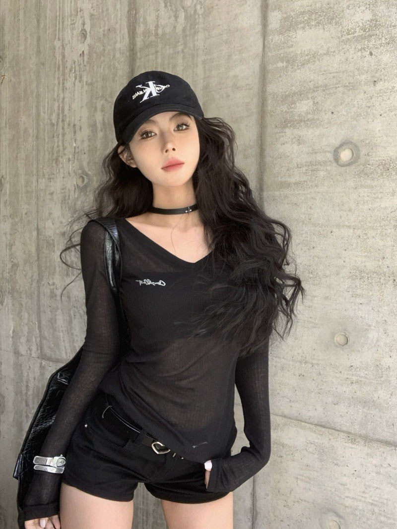 26Jun. 火辣單品透視感燙鑽長袖打底 黑