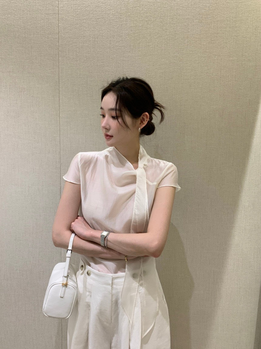 26Jun. 慵懶甜美繫帶領微透視上衣 米