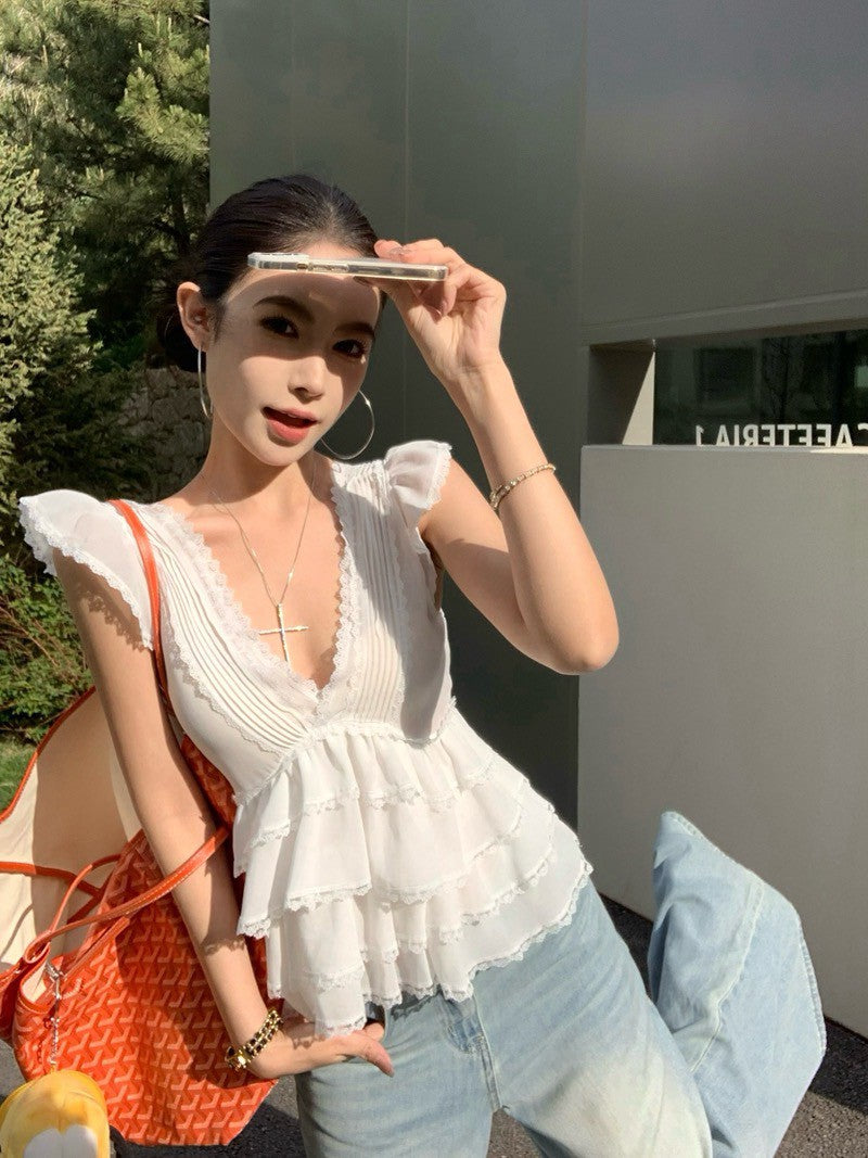 26Jun. 甜品少女低V領雪紡蛋糕上衣 白
