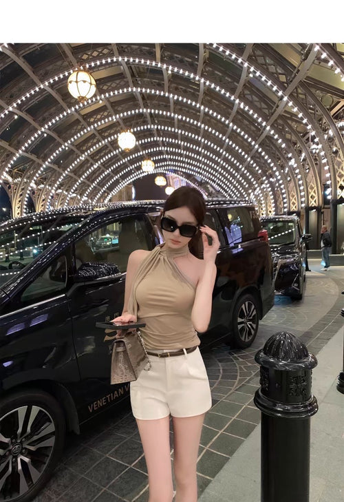 26Jun. 氣質韓女顯瘦一體飄帶背心 卡其