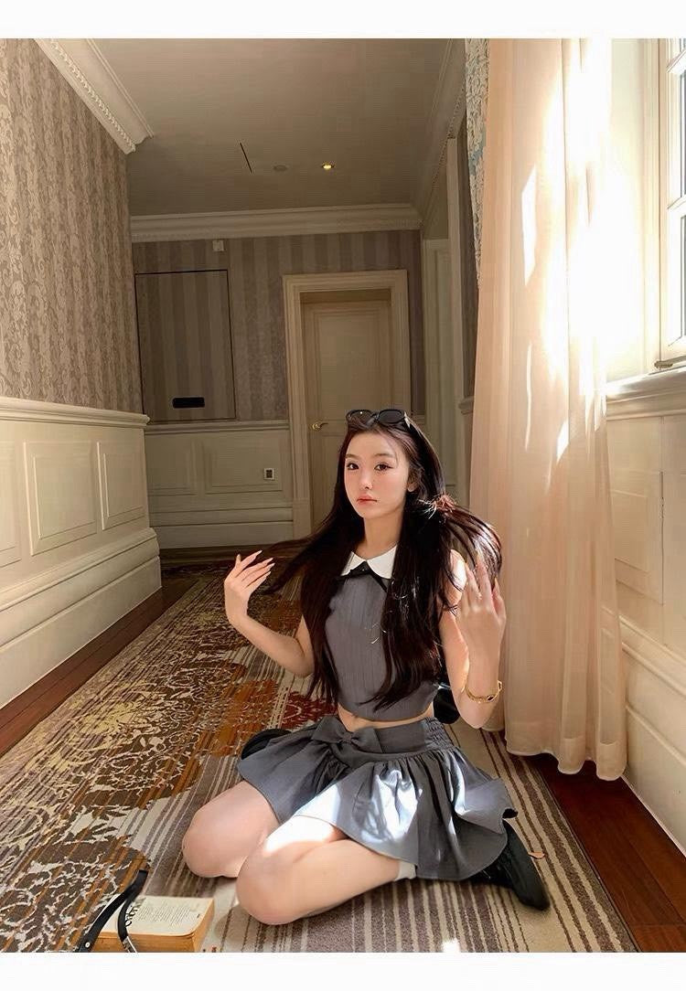26Sep. 韓女甜美娃娃領蝴蝶結半身裙套裝 灰