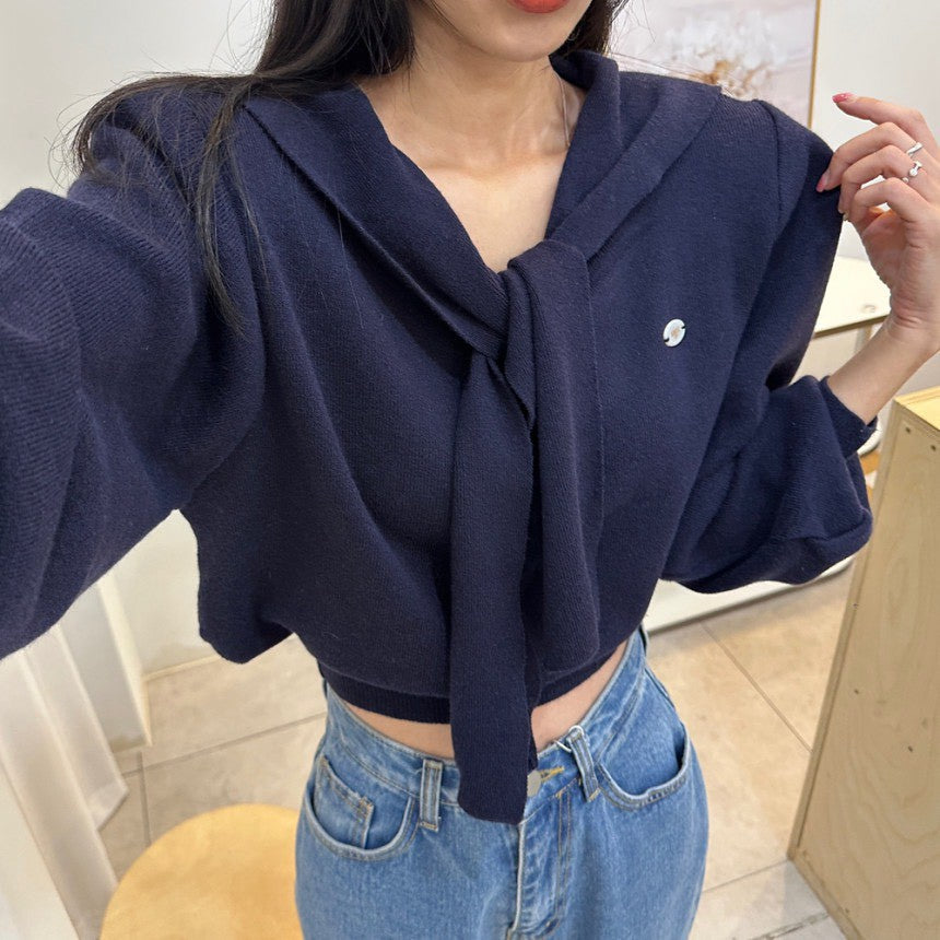 26Jun. 減齡海軍領飄帶短款長袖上衣 米/藍/灰/黑