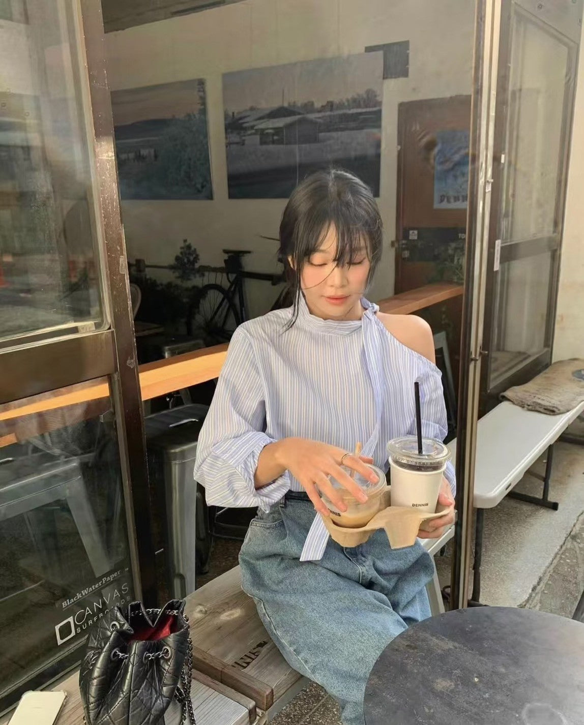 26Jun. 復古韓早春條紋綁帶露肩上衣 藍
