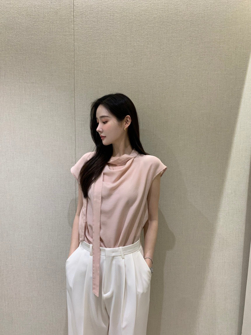 26Jun. 知性優雅飄帶小袖上衣 淺粉/米