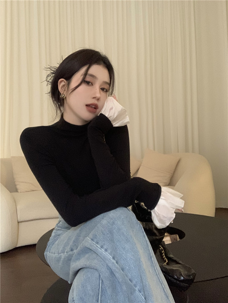 26Jun. 法式高領花葉袖打底上衣 黑