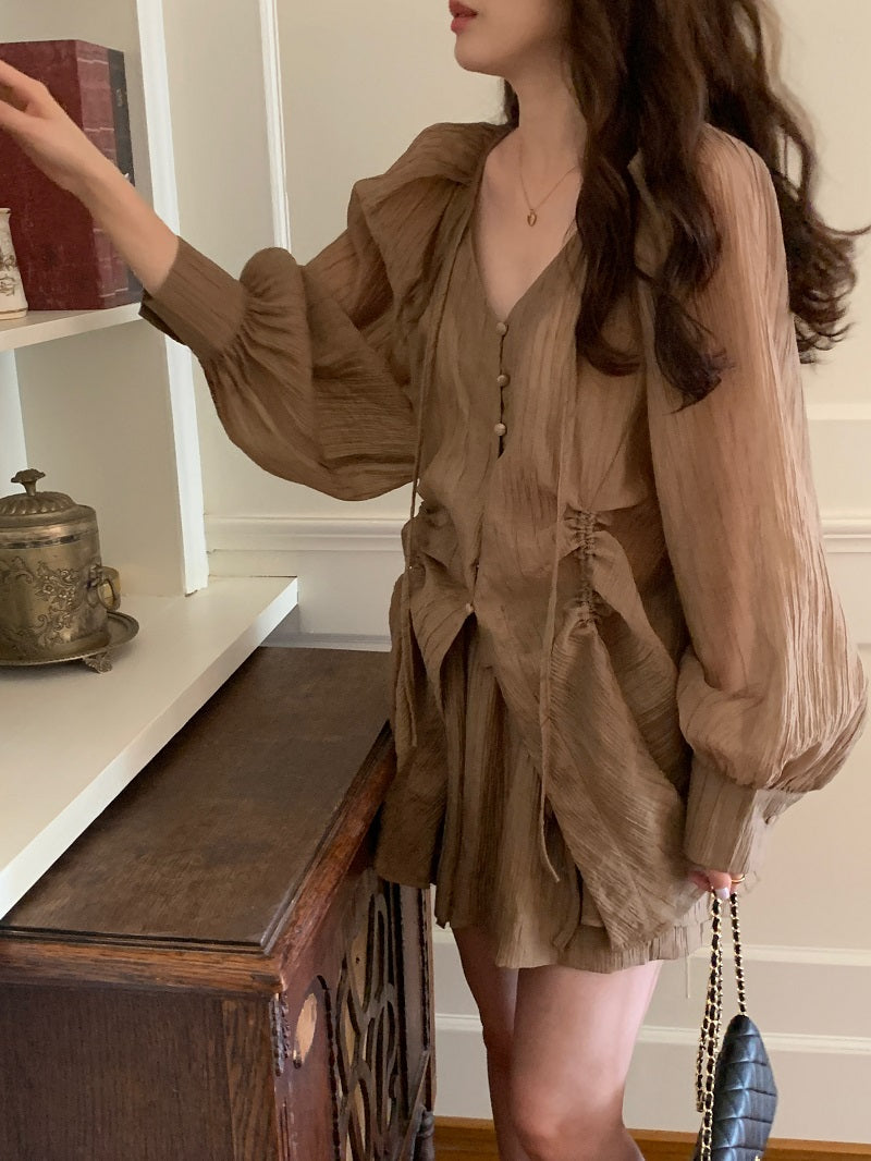 26Jun. 雲朵澎澎v領襯衫套裝 駝色
