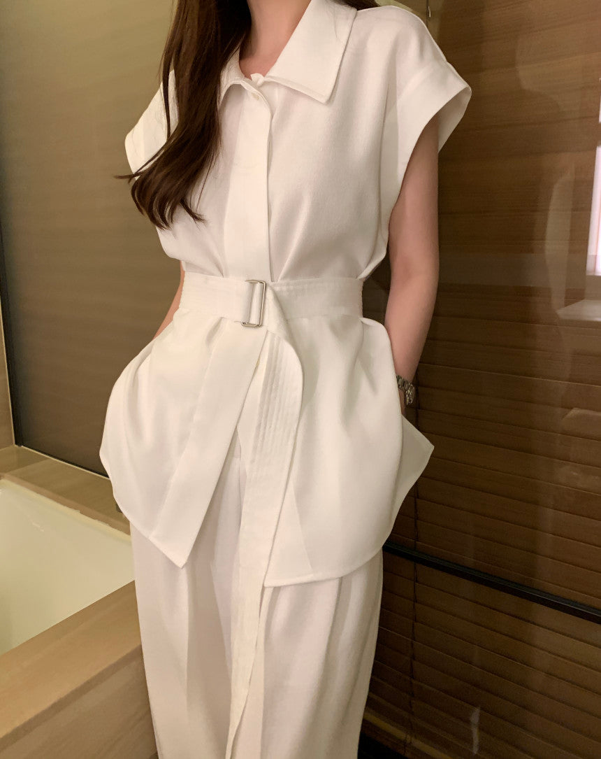 26Jun. 韓系女主氣質翻領長款襯衫闊腿褲套裝 黑/白