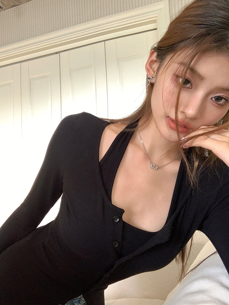 26Jun. 漫畫腰 顯瘦假兩件式背心上衣 黑