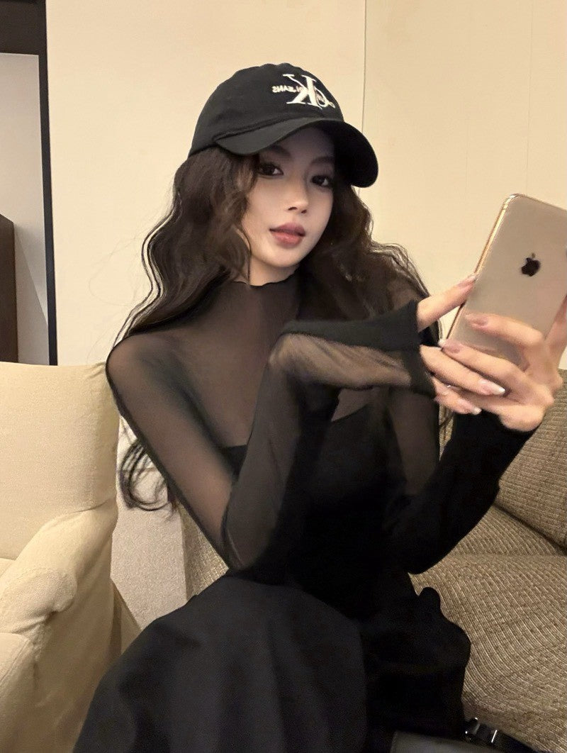26Jun. 歐美性感透視感拼接刷毛上衣 黑