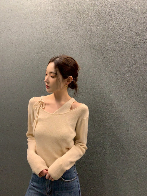 26Jun. 不規則設計針織拼接長袖上衣 杏/黑