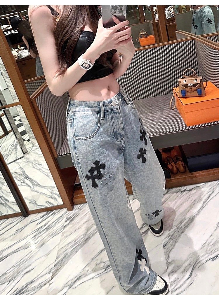 26Jun. 復古回歸 十字架拼圖辣妹顯瘦直筒牛仔褲